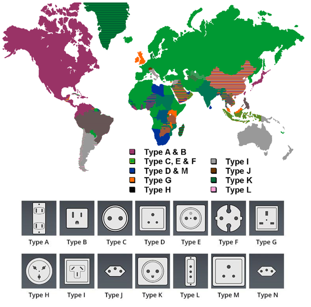 A world map that is color-coded based on the type of plug utilized.